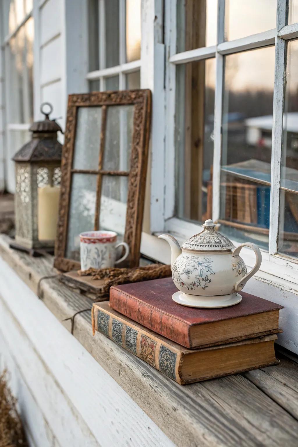 Rustic constituents impart warmth and allure to your window sill.