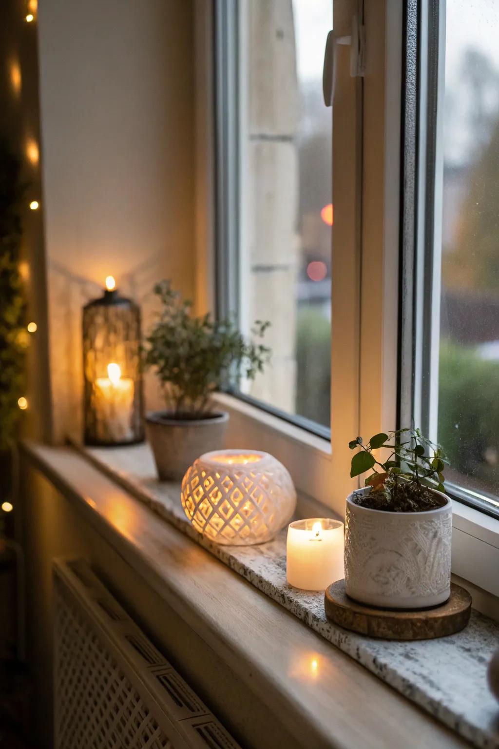 A window ledge featuring integrated illumination, thereby casting a cordial and welcoming radiance.