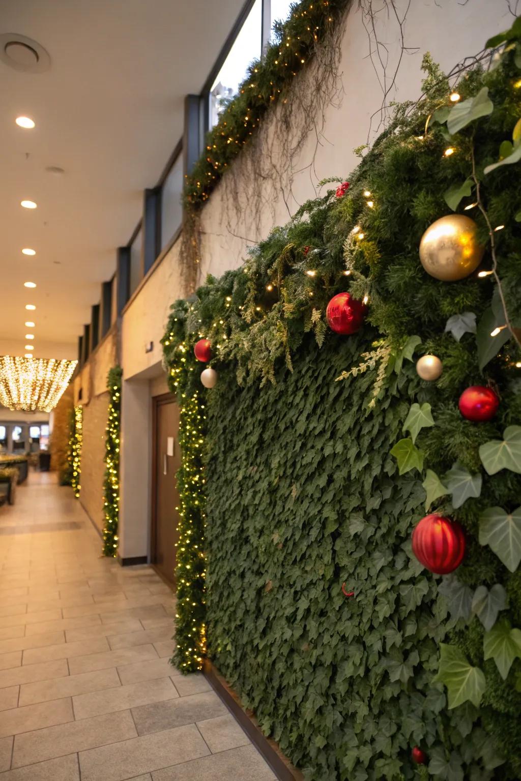 A botanical wall adorned with seasonal embellishments to foster a festive ambiance.