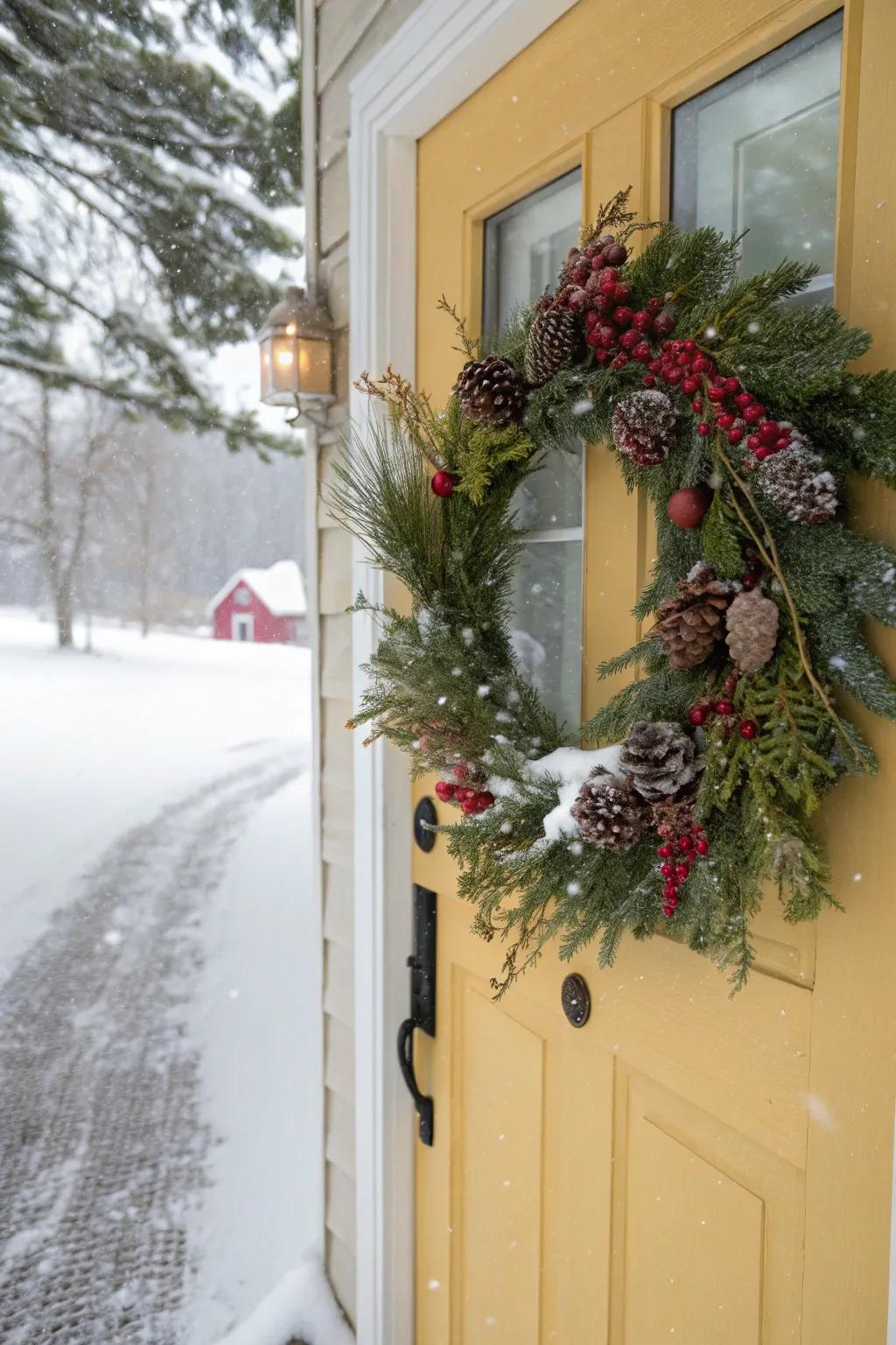 A winter wreath offers a warm welcome.