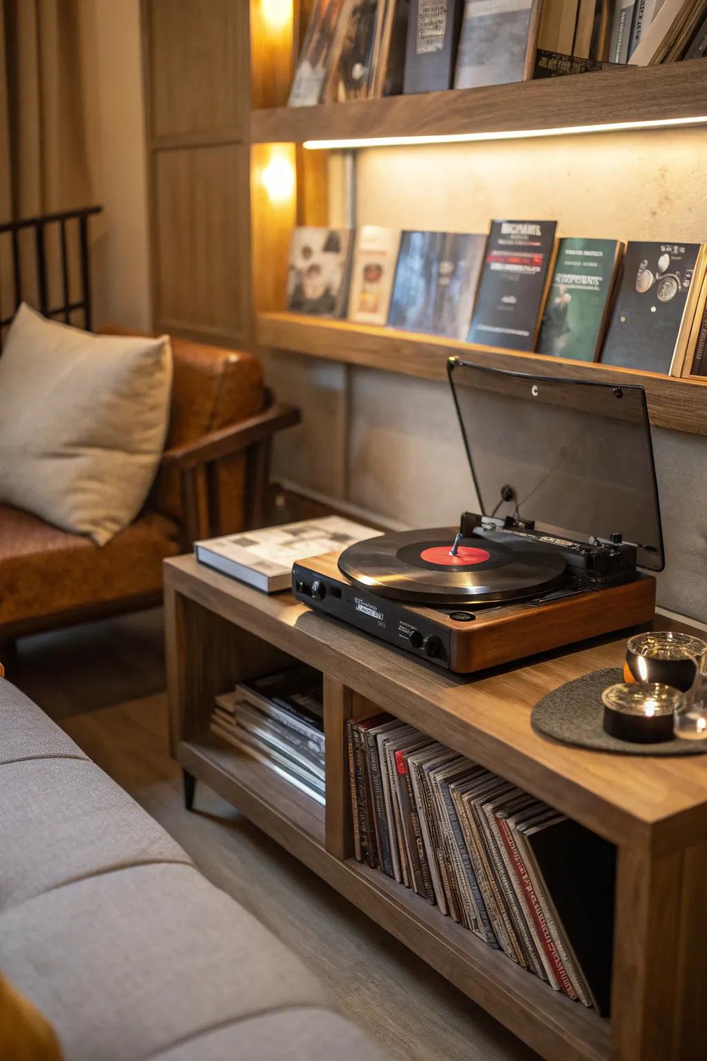 A vintage melody player serves as both a decor piece and a functional music source.