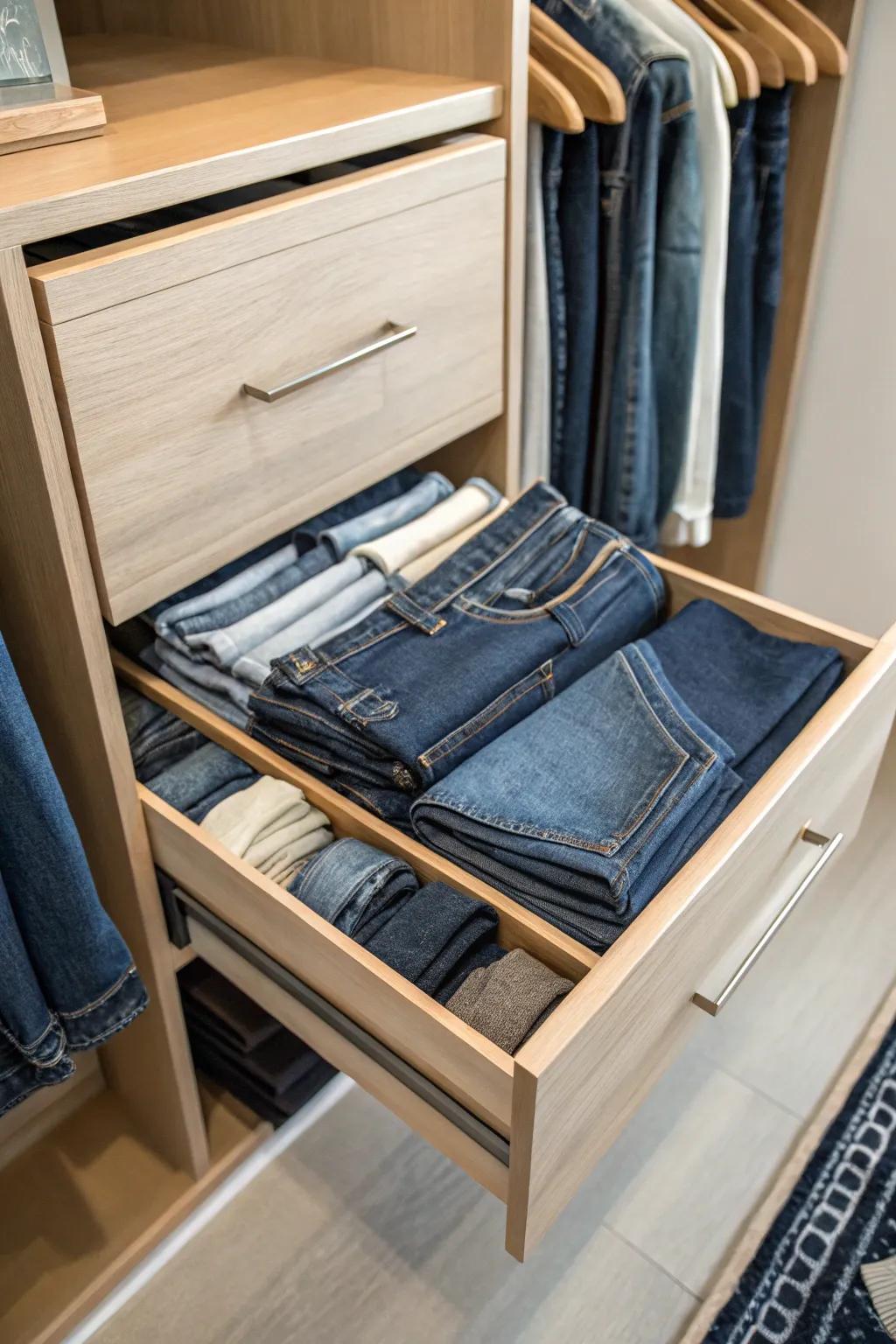 Pull-out drawers offer easy access and organized storage for jeans.