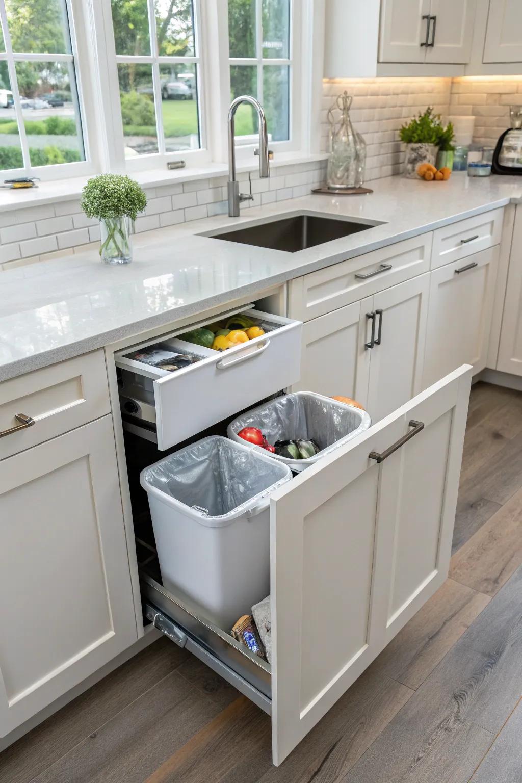 A hidden waste solution maintains clean and organized kitchen spaces.