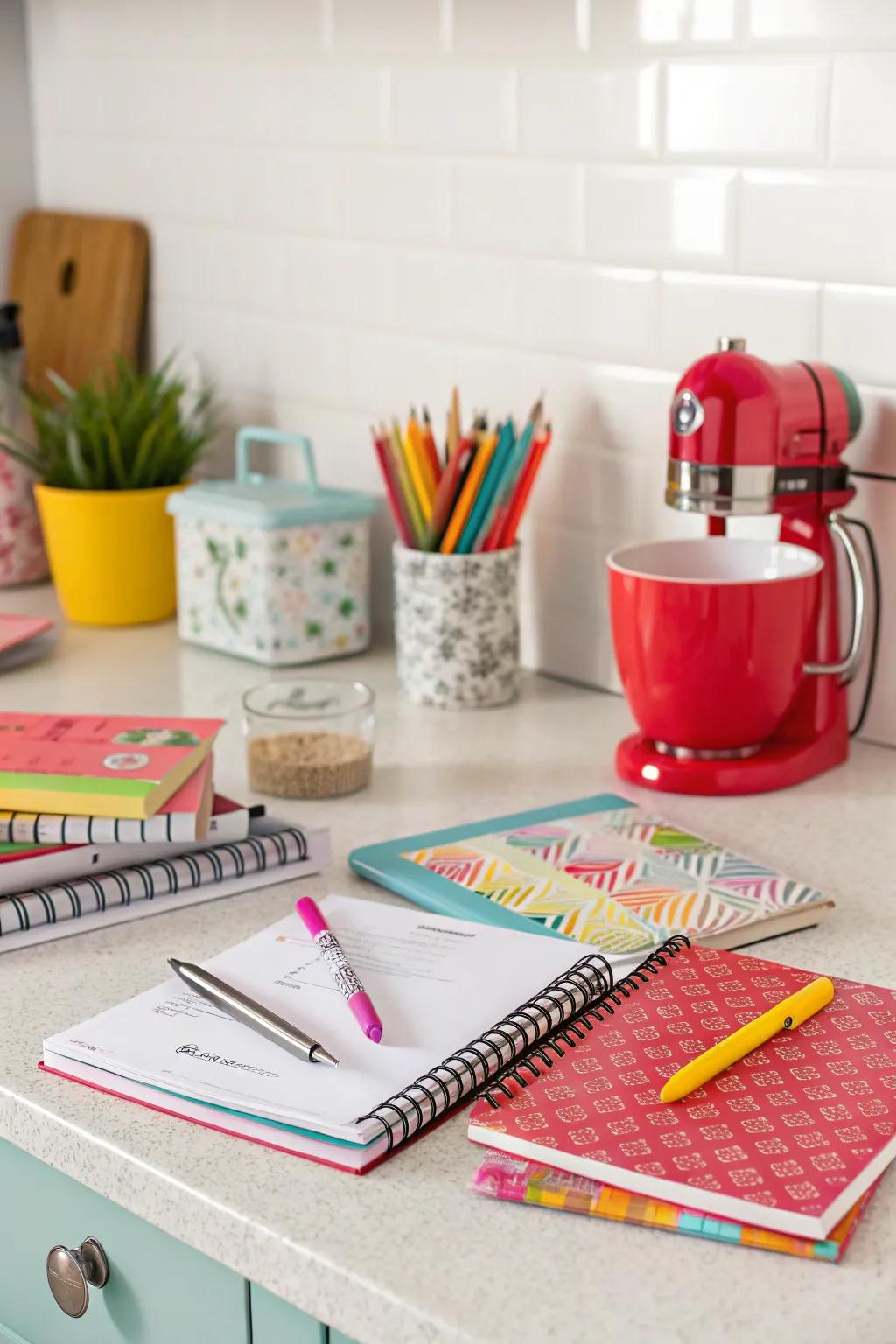 A vibrant kitchen desk area featuring a bold splash of color.
