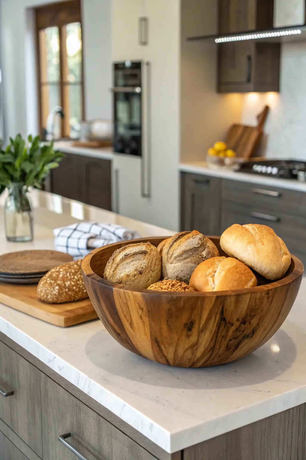 An artisan bread display is both functional and decorative.