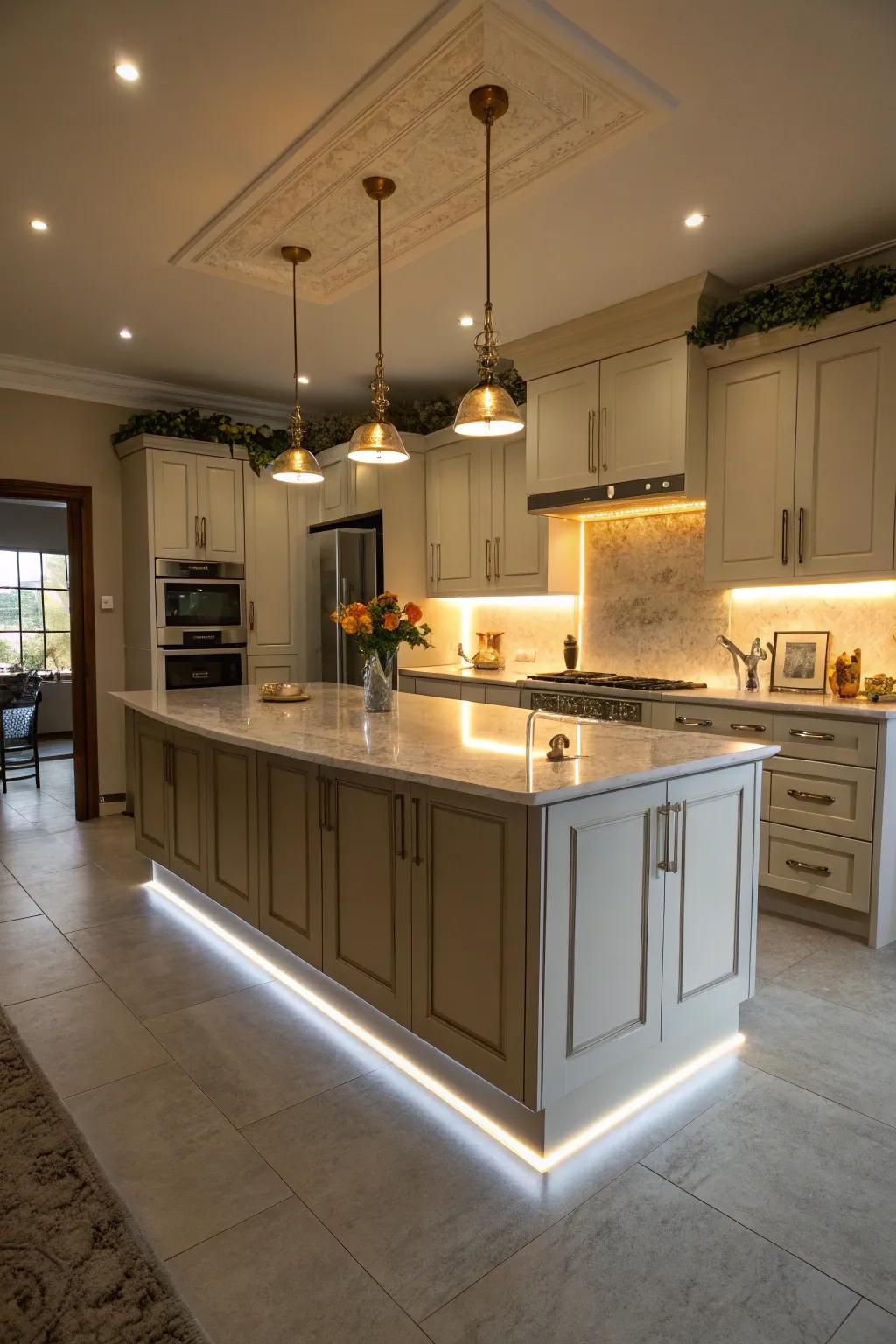 An island with built-in illumination for a modern and warm ambiance.
