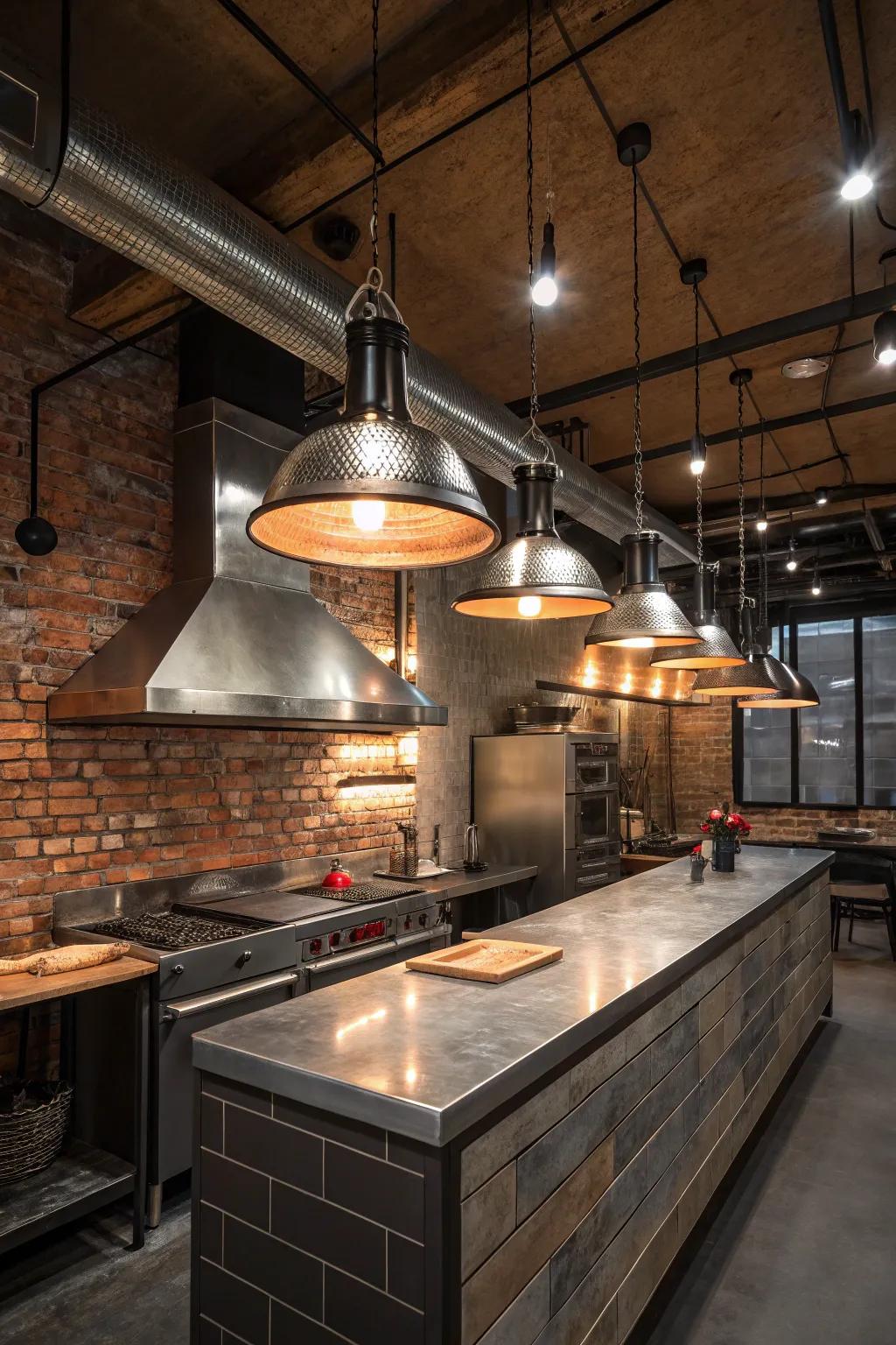 Industrial metallic fixtures impart a raw and edgy vibe to this minimalist culinary space.