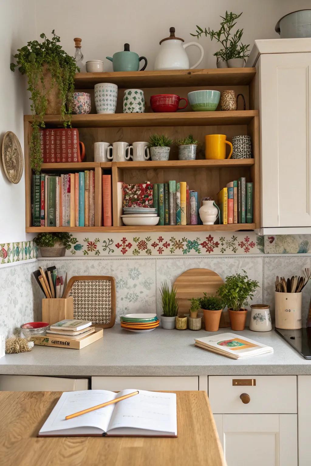 Open shelves offer useful storage in a kitchen office.