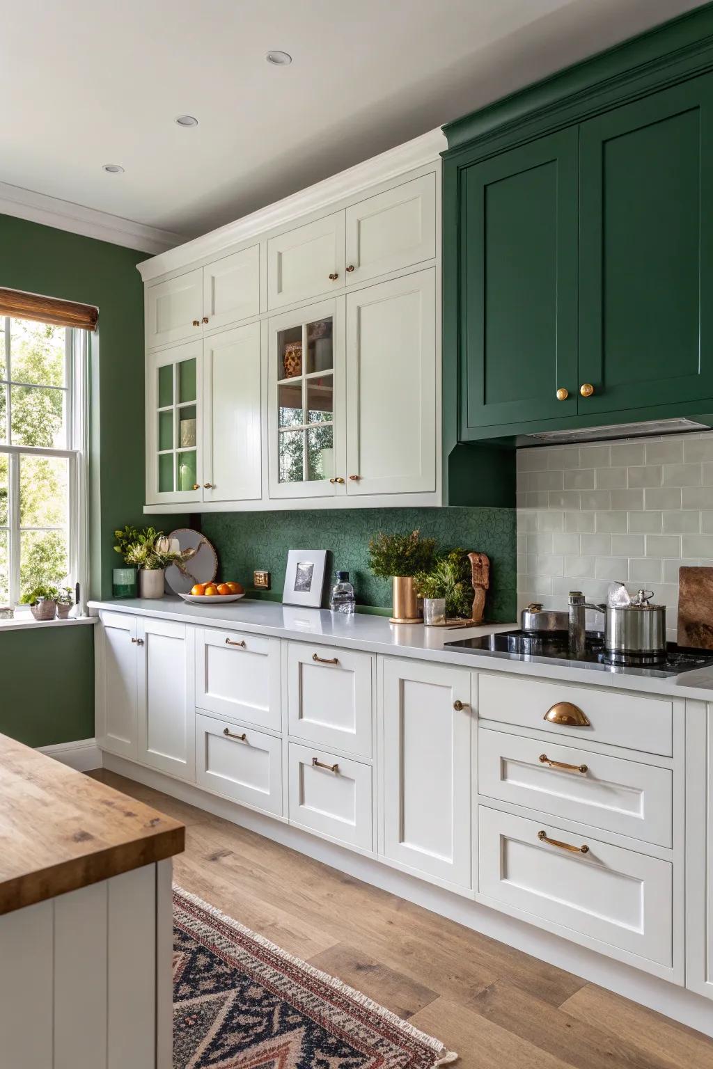 Woodland emerald walls provide a natural and grounding contrast.