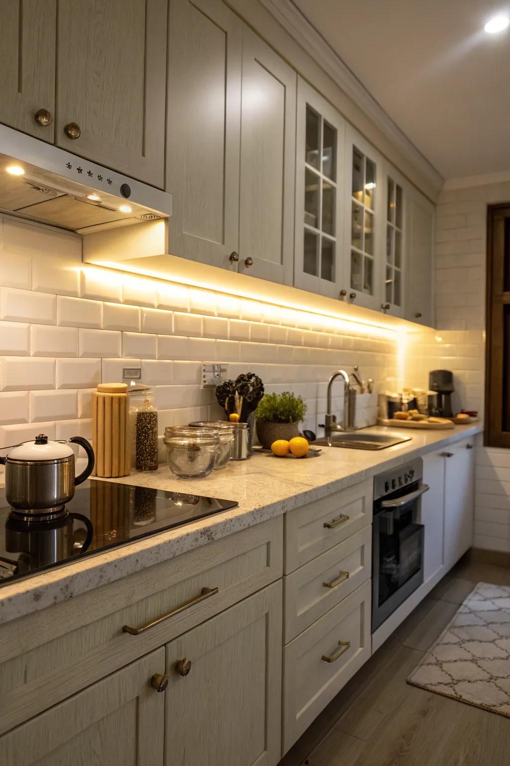 Under-cabinet lighting enhances ambiance and function.