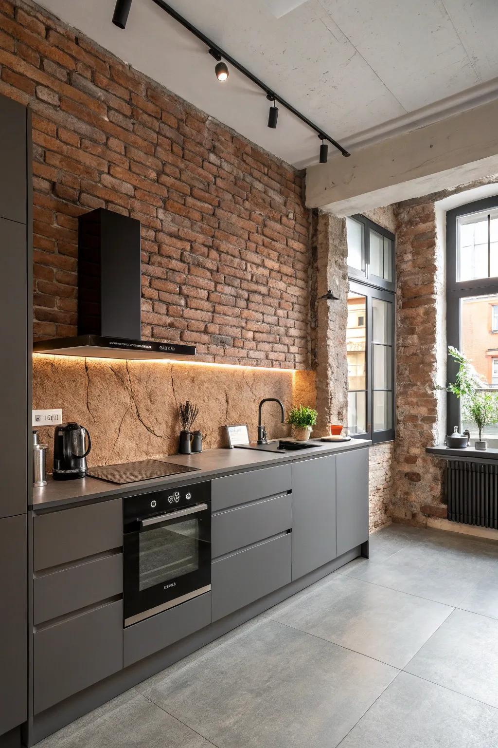 A modern kitchen with an uncovered brick wall, contributing texture and style.