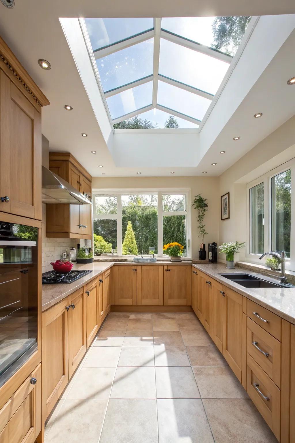 Natural illumination originating from skylights fosters a heightened sense of well-being within the kitchen environment.