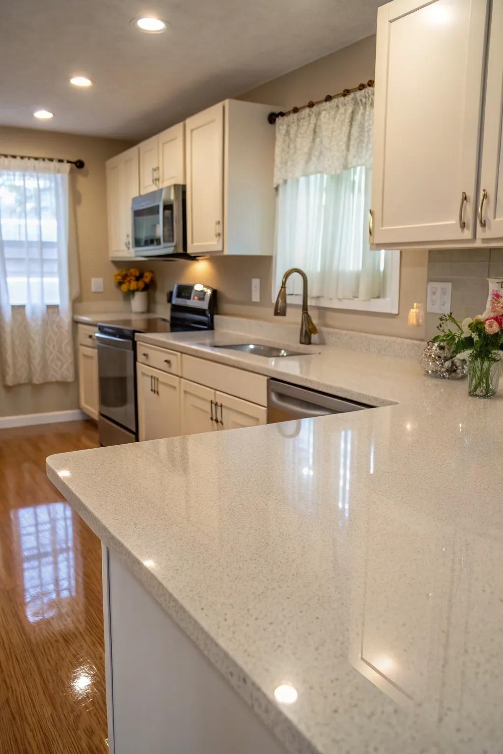 Light-colored quartz making a small kitchen feel more expansive.