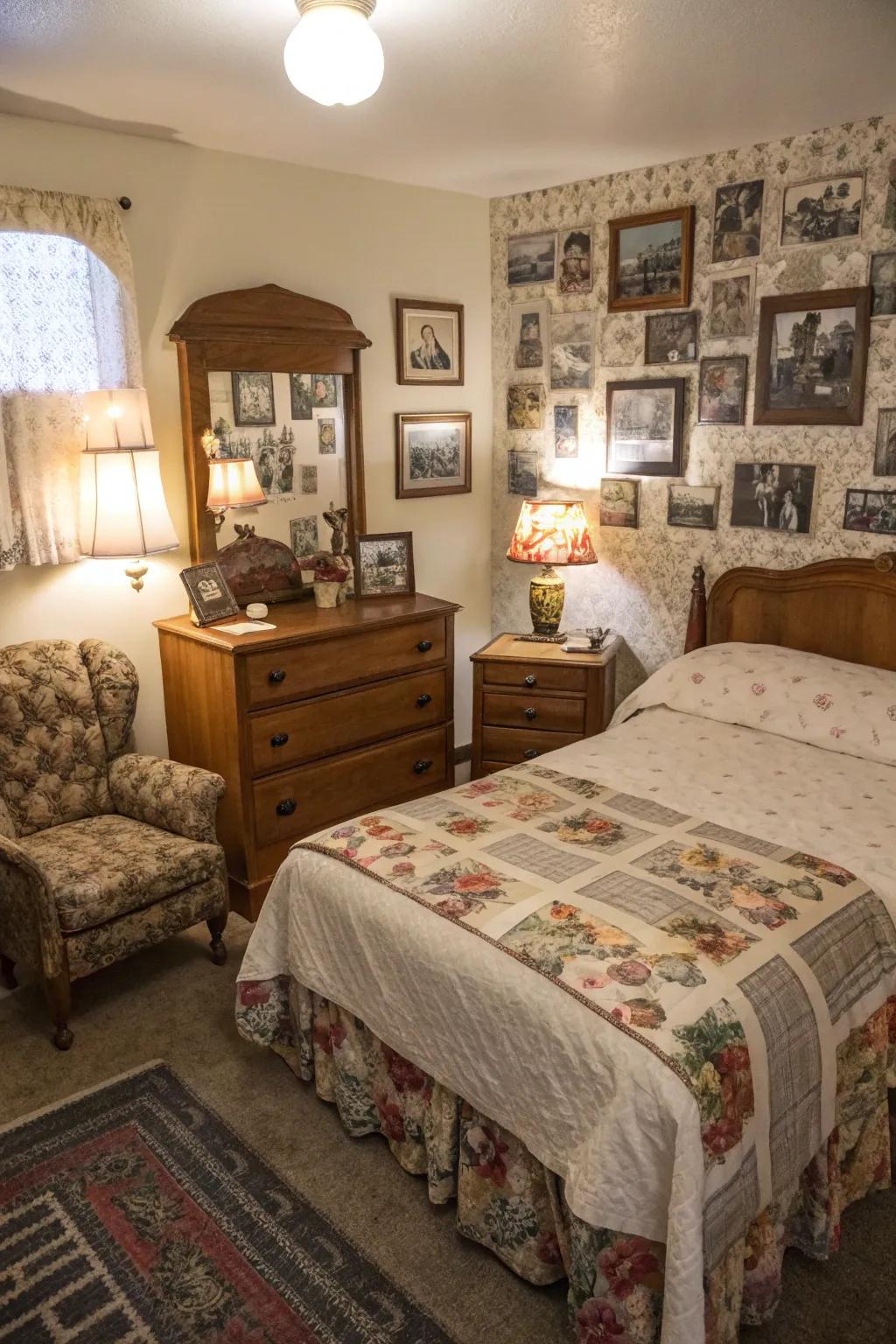 Vintage finds add nostalgia and charm to the bedroom atmosphere.