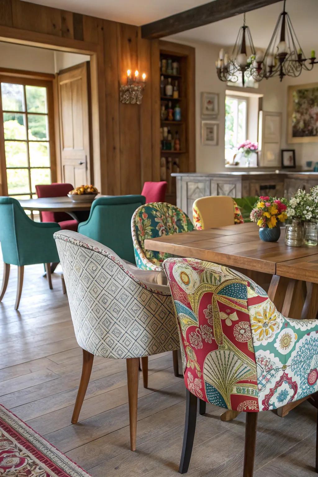An eclectic chair assortment introduces personality and charm.