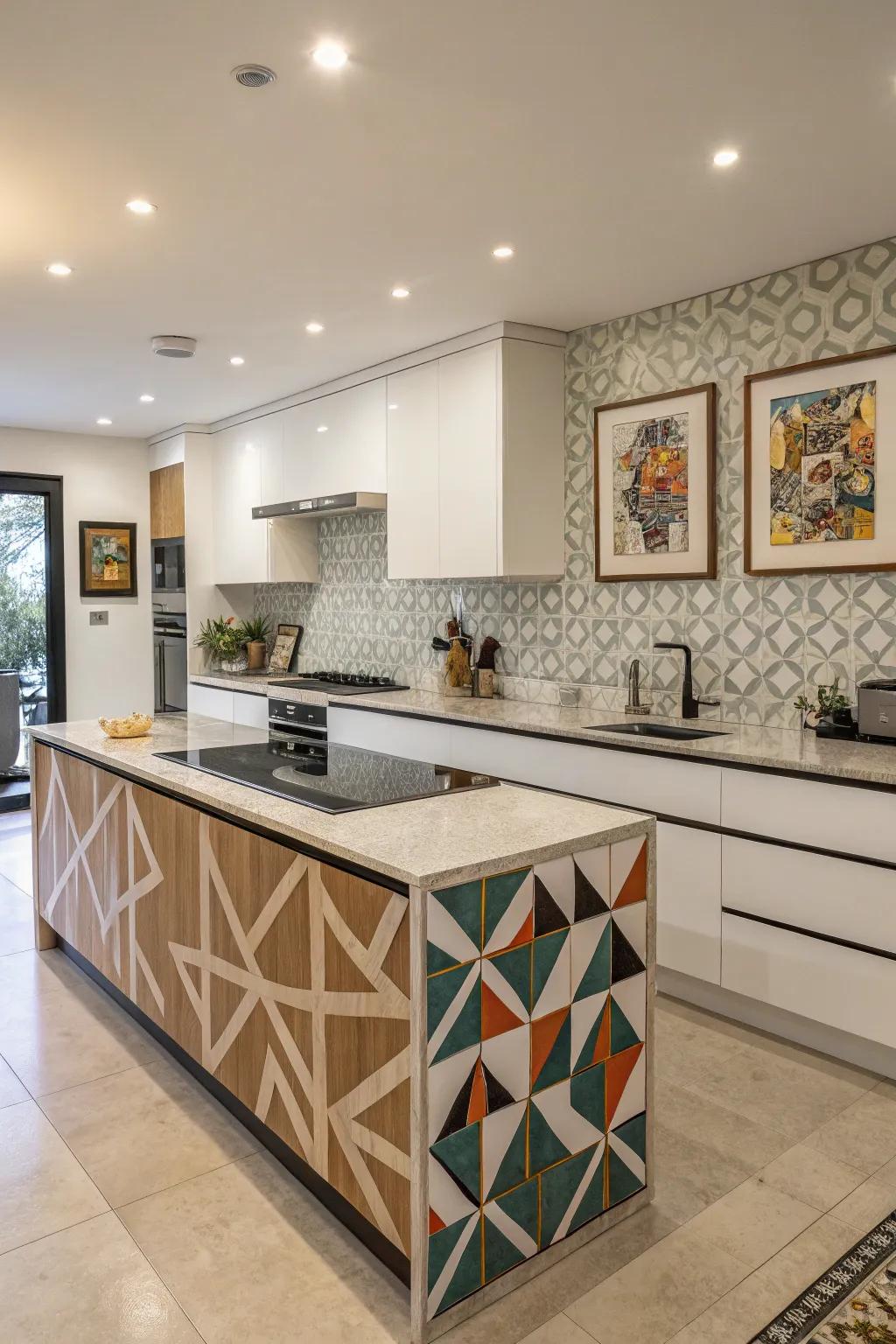 Geometric patterns in overlays carry an up-to-date spin to cooking spaces.