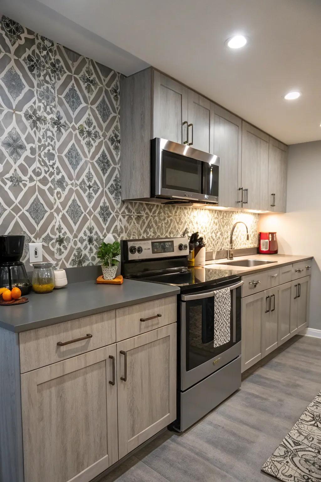 Urban-inspired laminate backsplash promoting an urban boundary.