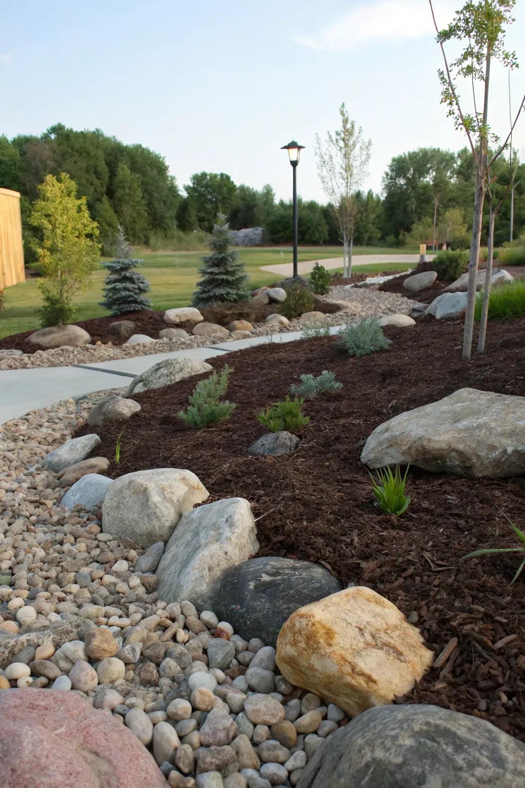 Merge surface cover with stones for a conspicuous garden attribute.