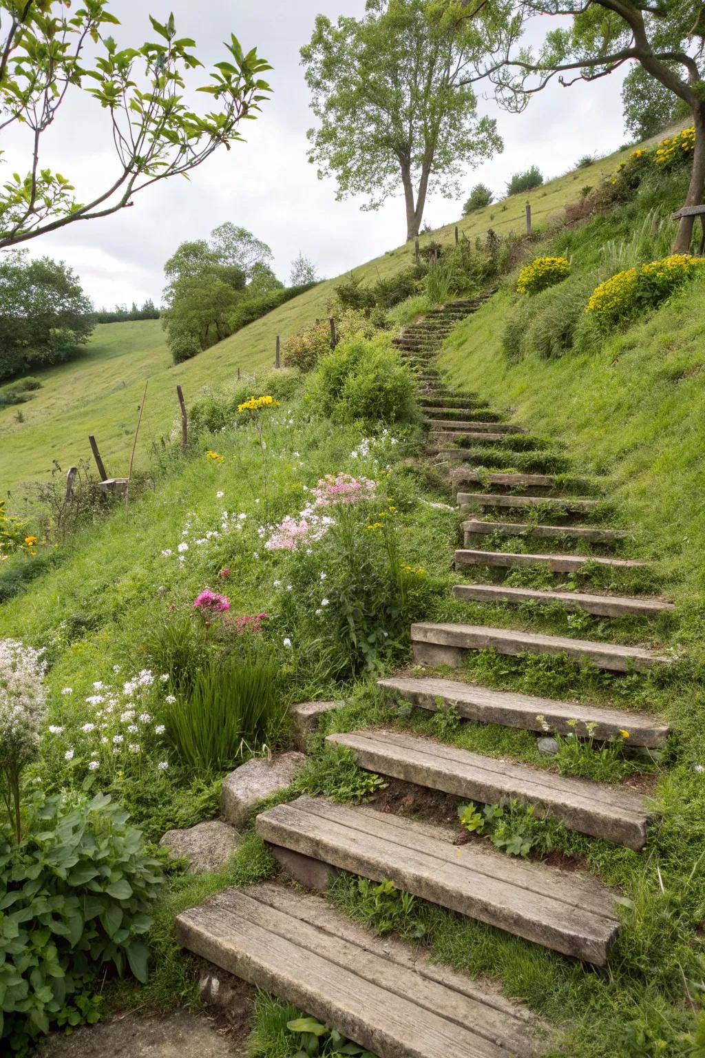 Timber stairs present a natural remedy for changes in garden elevation.