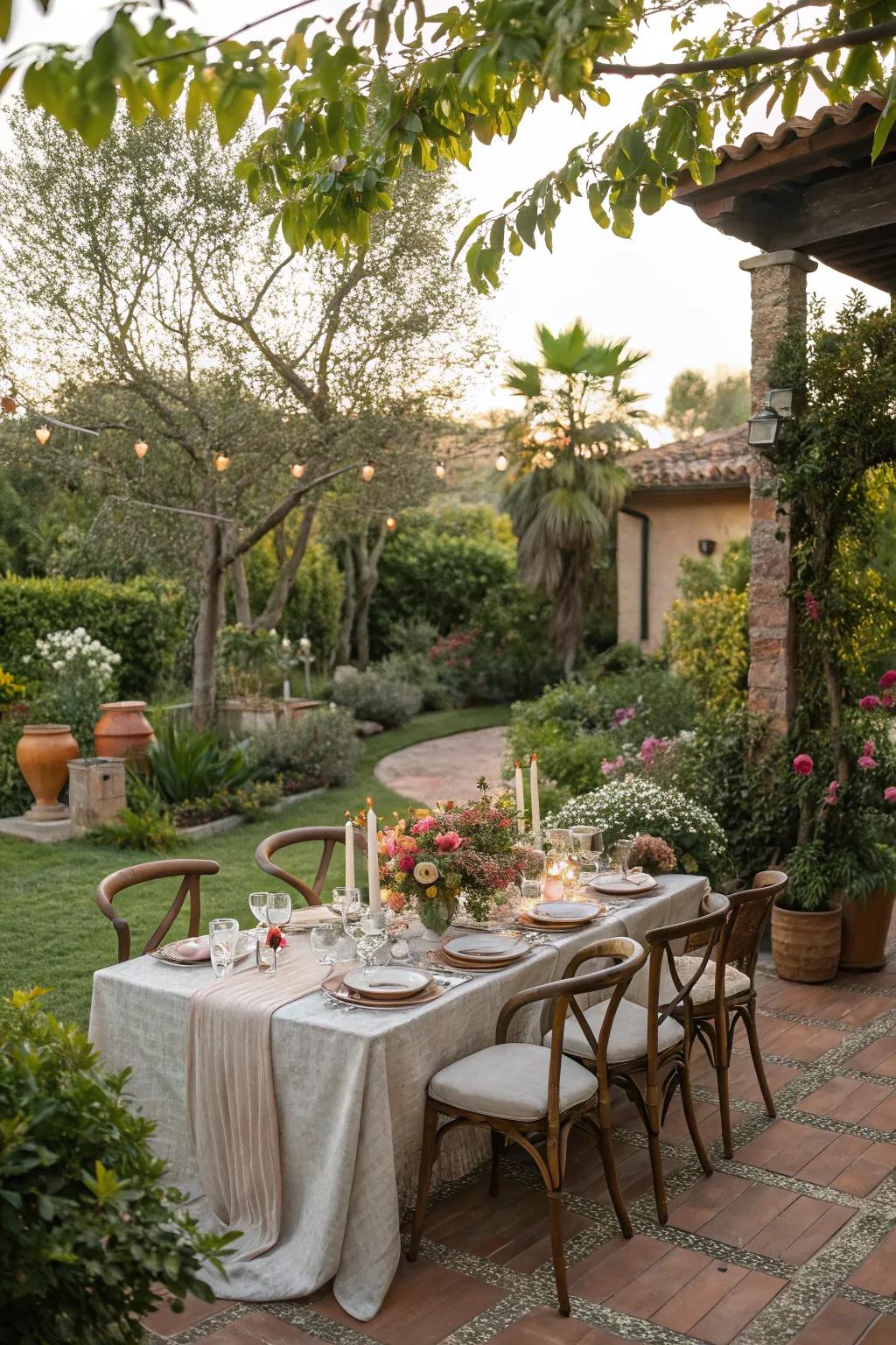 An external dining zone set amidst lush garden surroundings, ideal for entertaining.