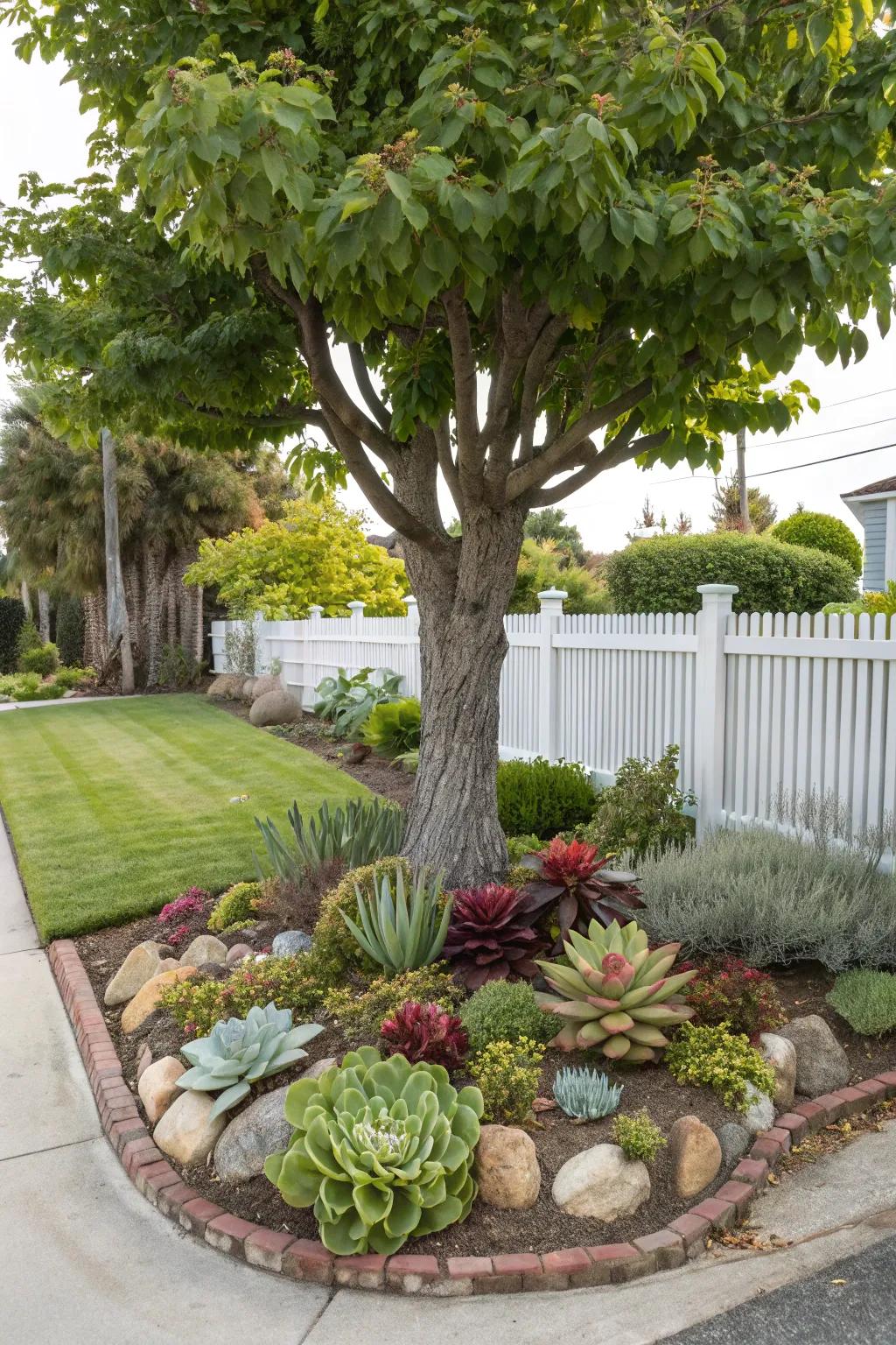 A tree encircled by a medley of succulents, adding modern texture to the garden.