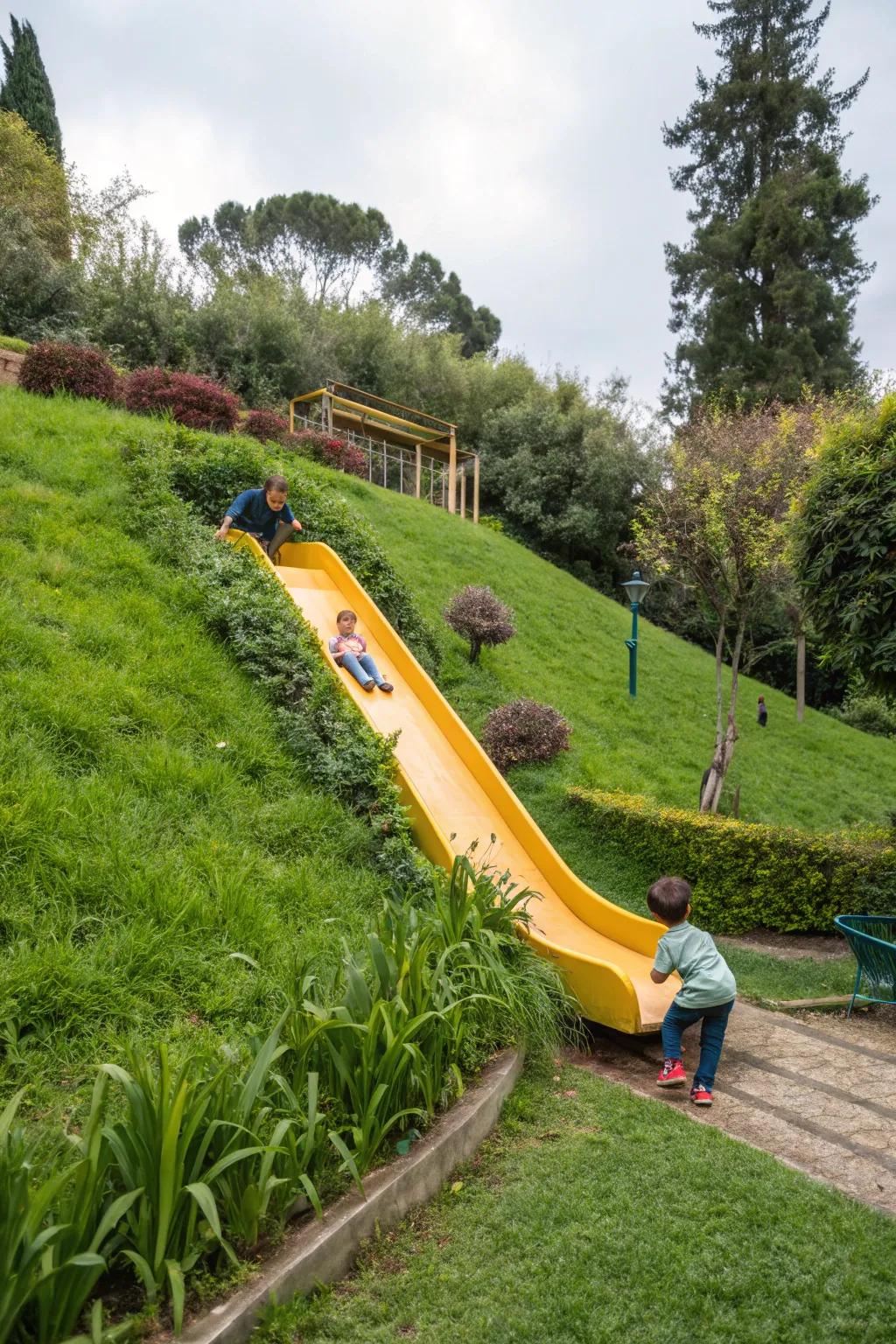 Slides append an amusing and functional dimension to family-oriented garden gradients.