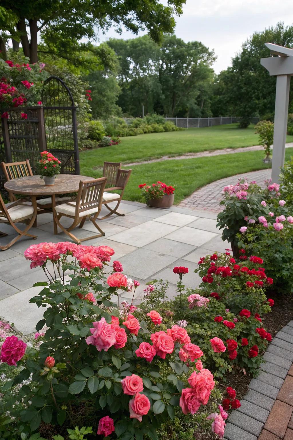 Everbloom roses create a fragrant patio surround.