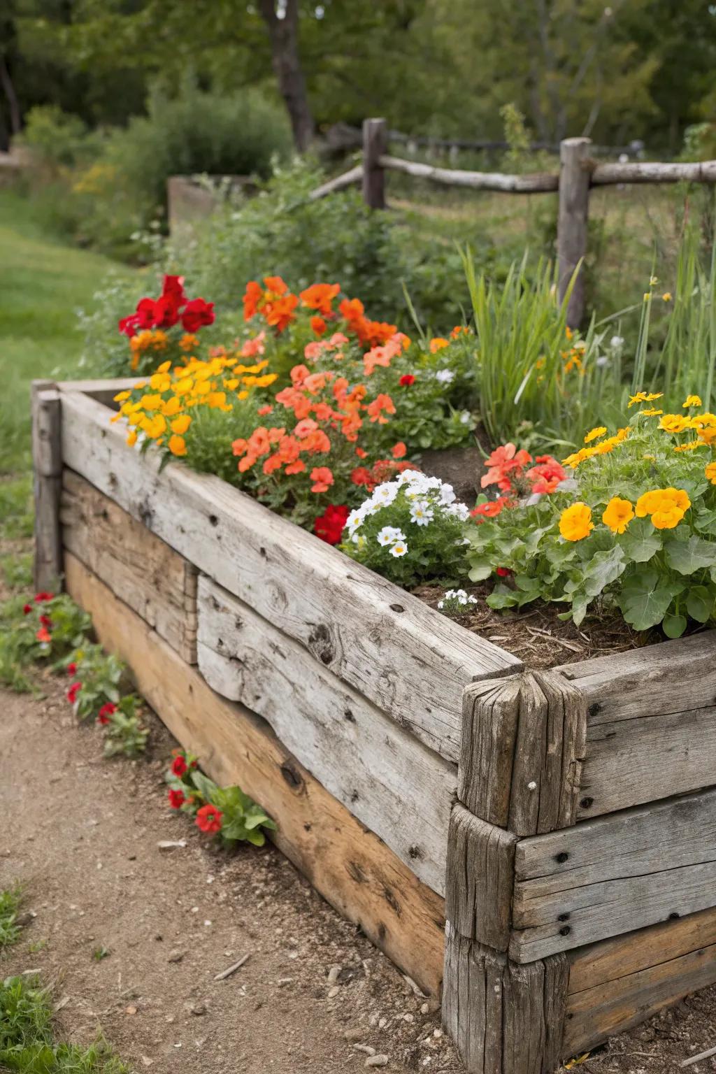 Reclaimed lumber infuses character and sustainability to planting beds.