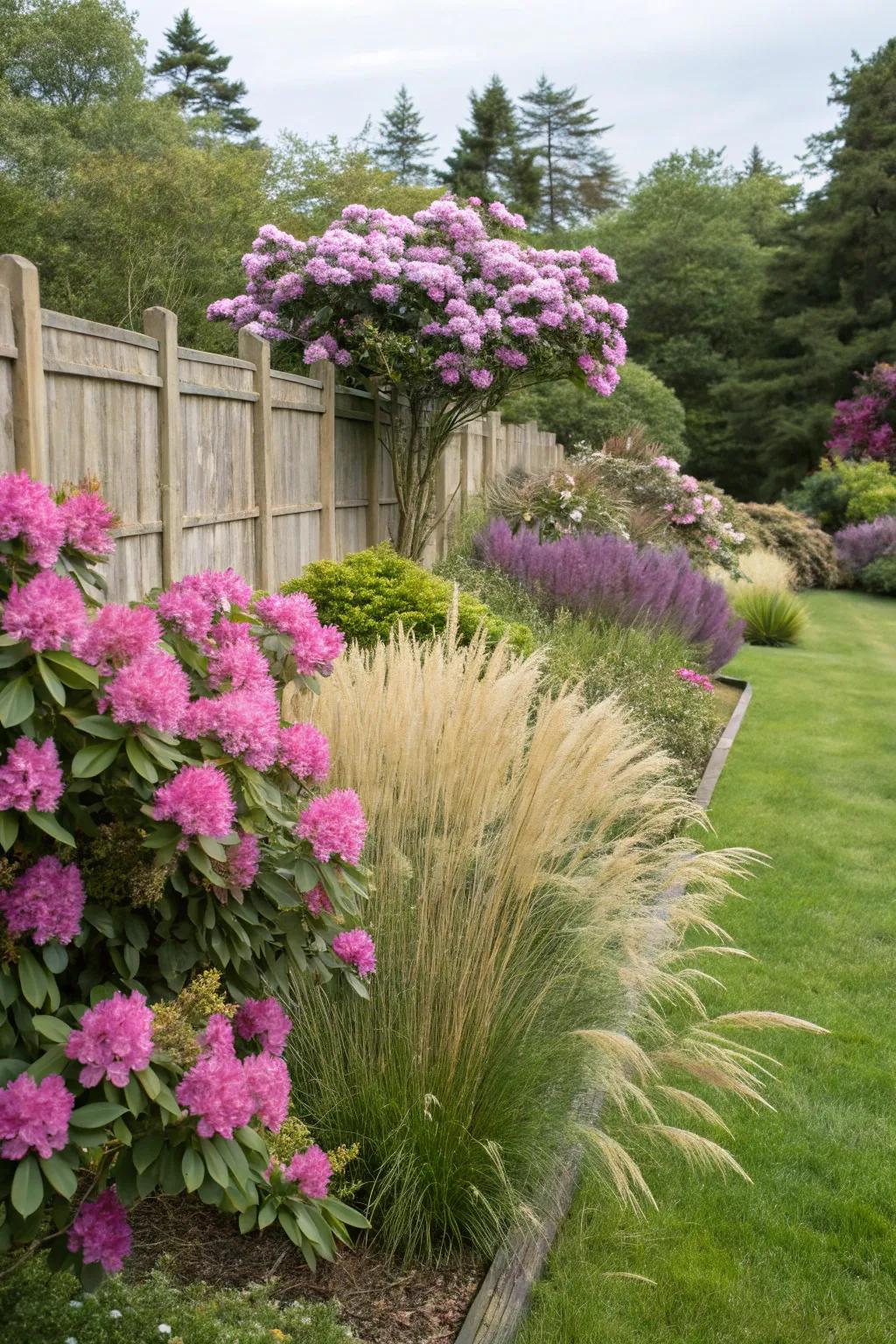 Rhododendrons and grasses present texture and motion.