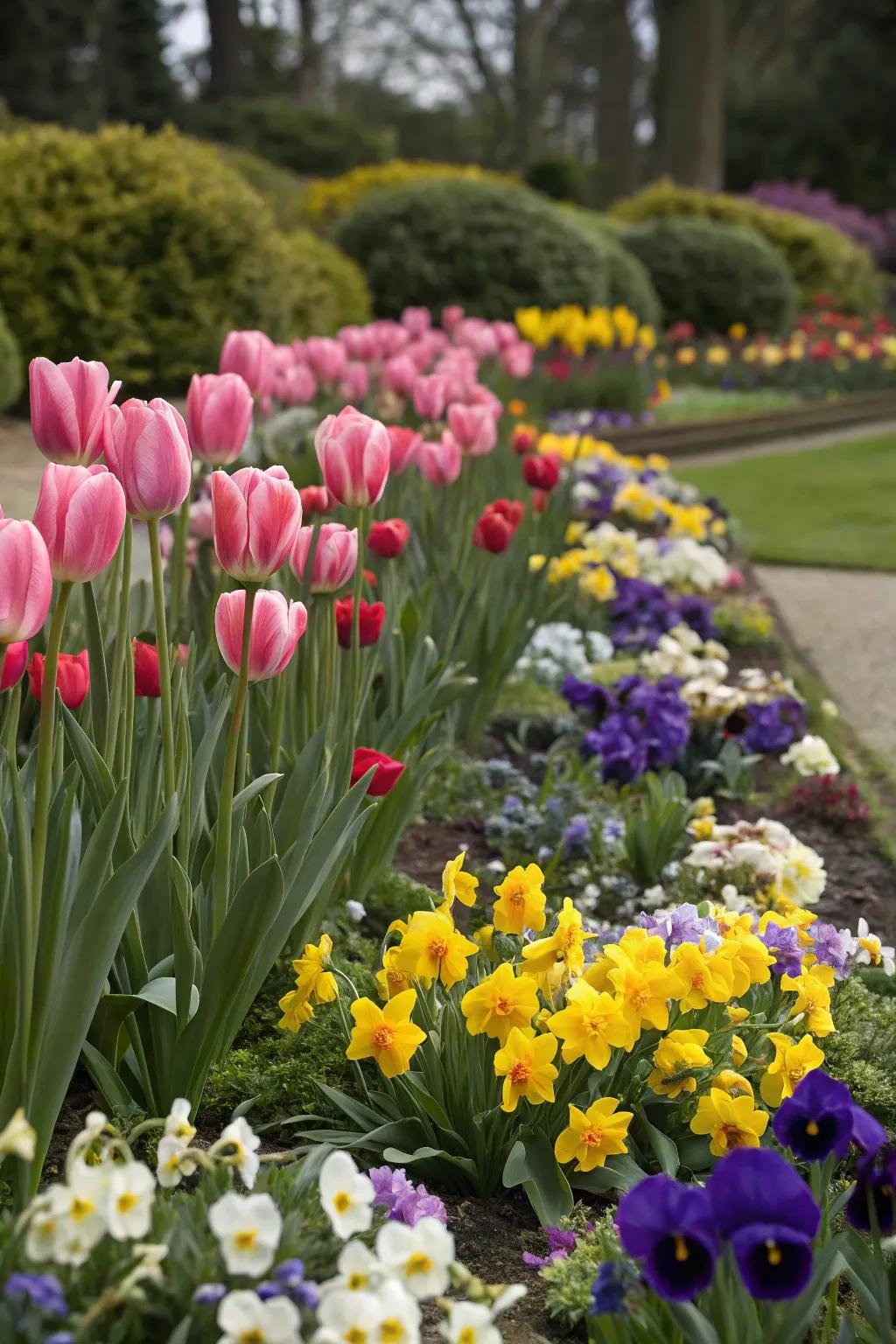 Tulips and daffodils intermingled with pansies, forging a prolonged pigment showcase.