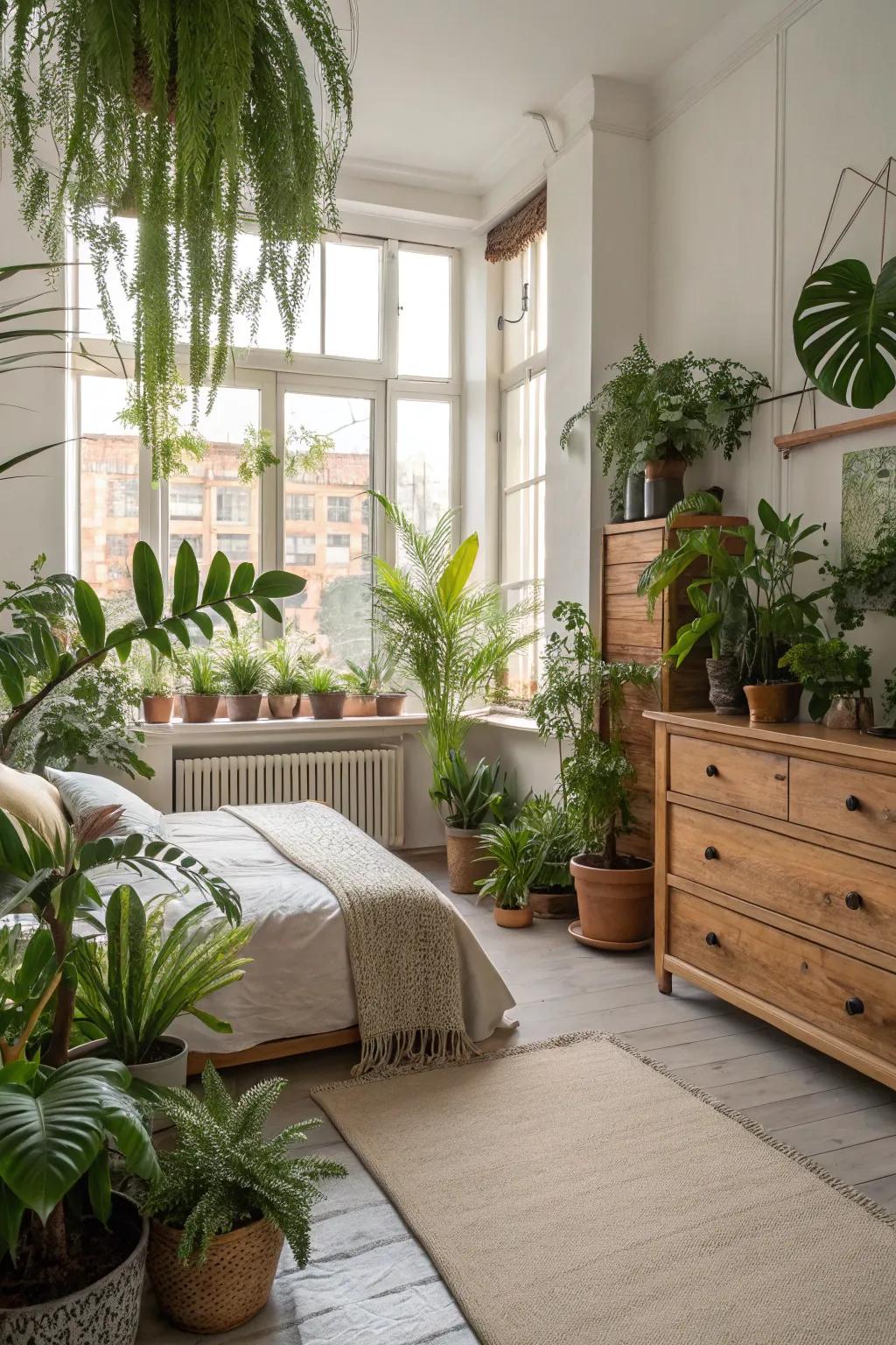 Indoor flora imbues this expansive bedroom with innate beauty and freshness.