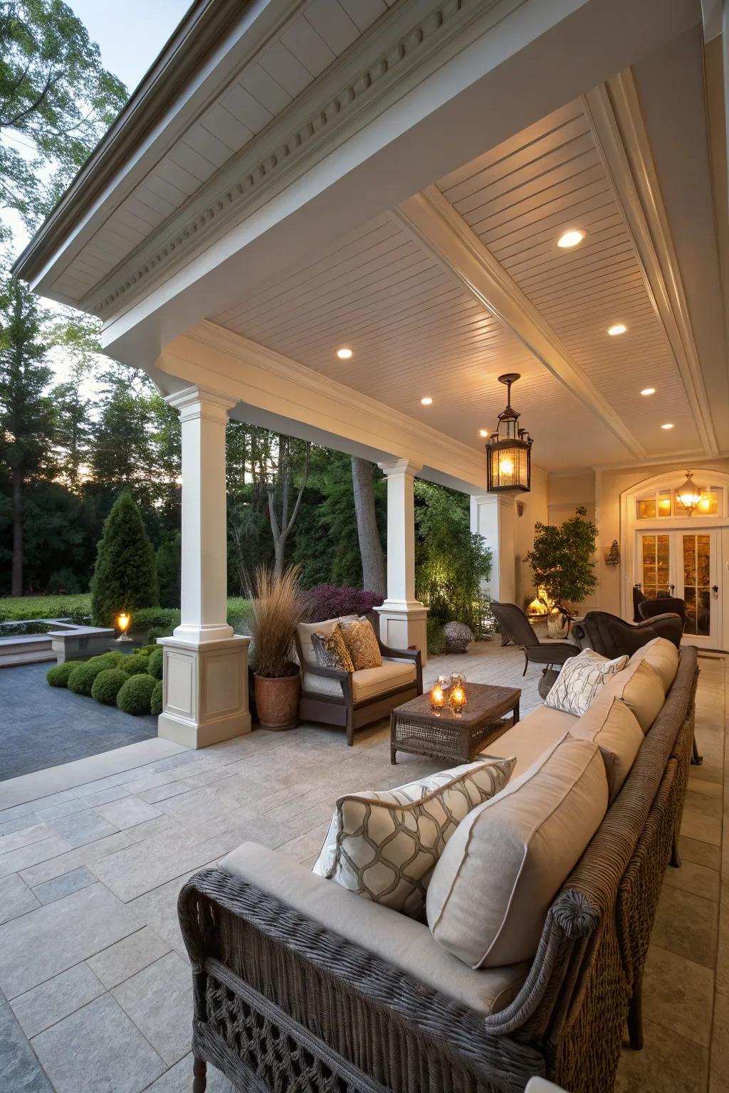A sheltered patio featuring expansive crown molding, thereby engendering an outdoor extension of indoor elegance.