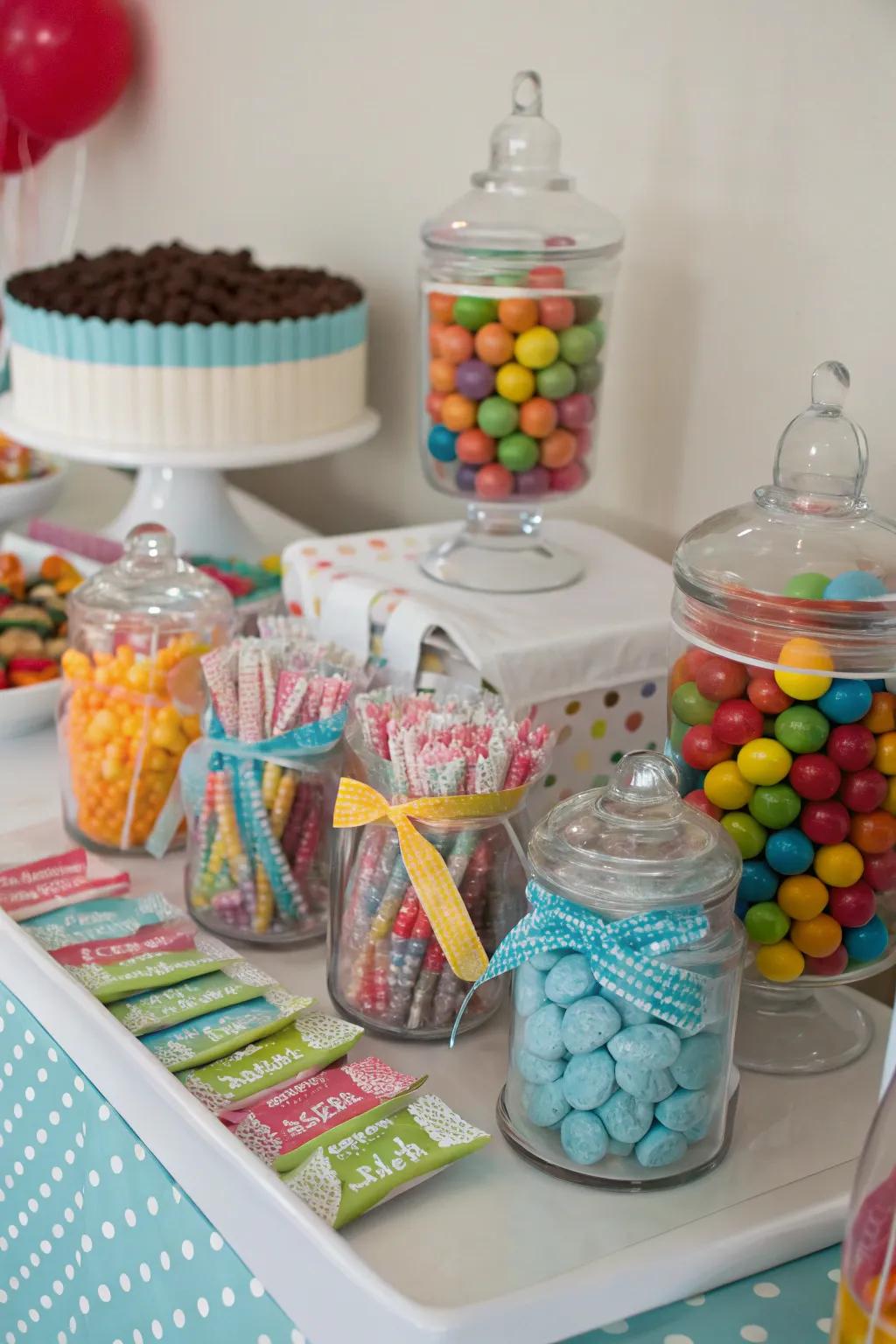 A vibrant candy bar serves as both decoration and a treat for guests.