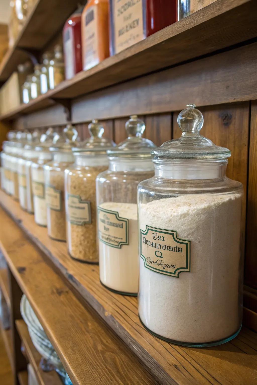 Vintage apothecary vessels add charm and nostalgia to your laundry setup.