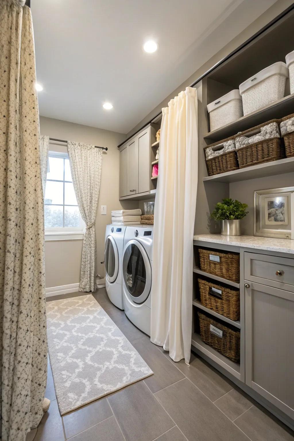 Functional fabrics ensure your laundry room drapes are both practical and stylish.