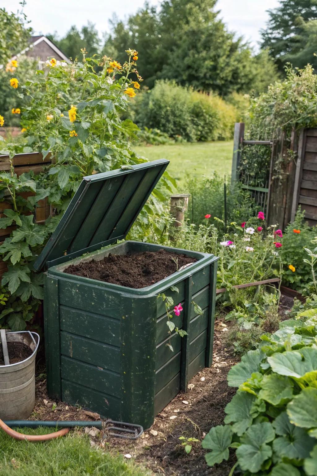 A garden compost bin delivering nutrient-enriched compost for a more robust lawn.