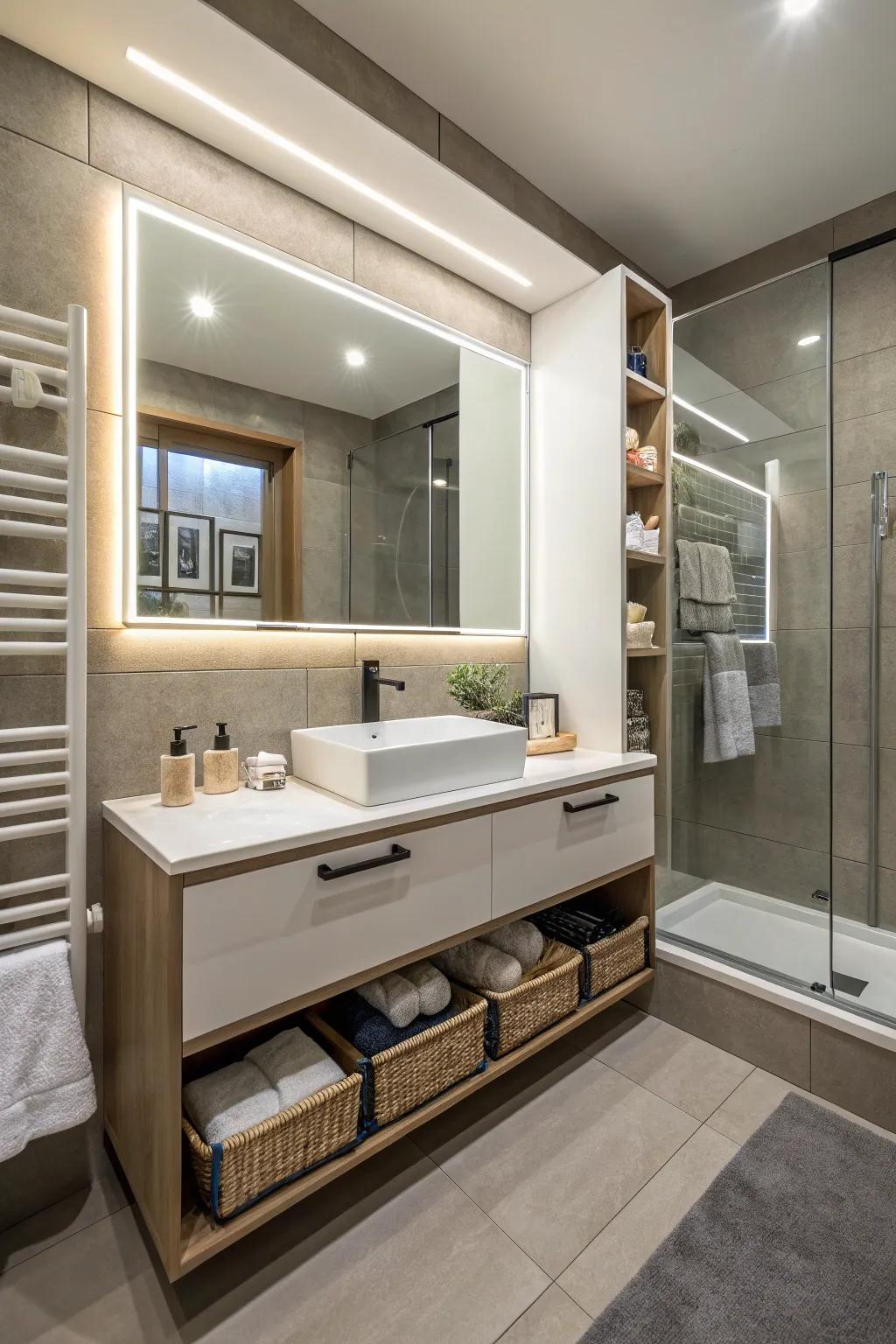 A functional bathroom design showcases an LED mirror with built-in storage.