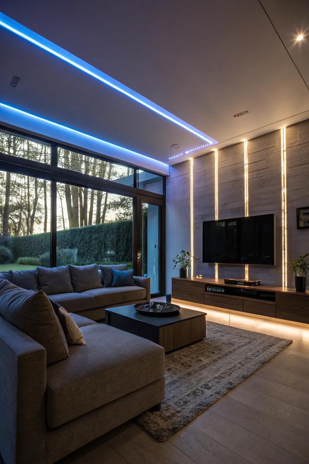 Bold design via floor-to-ceiling LED light bands.