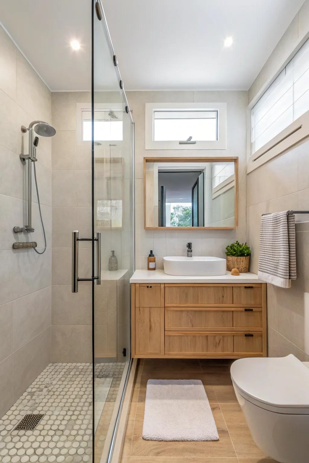 A frameless shower screen enhances openness in a small bathroom.