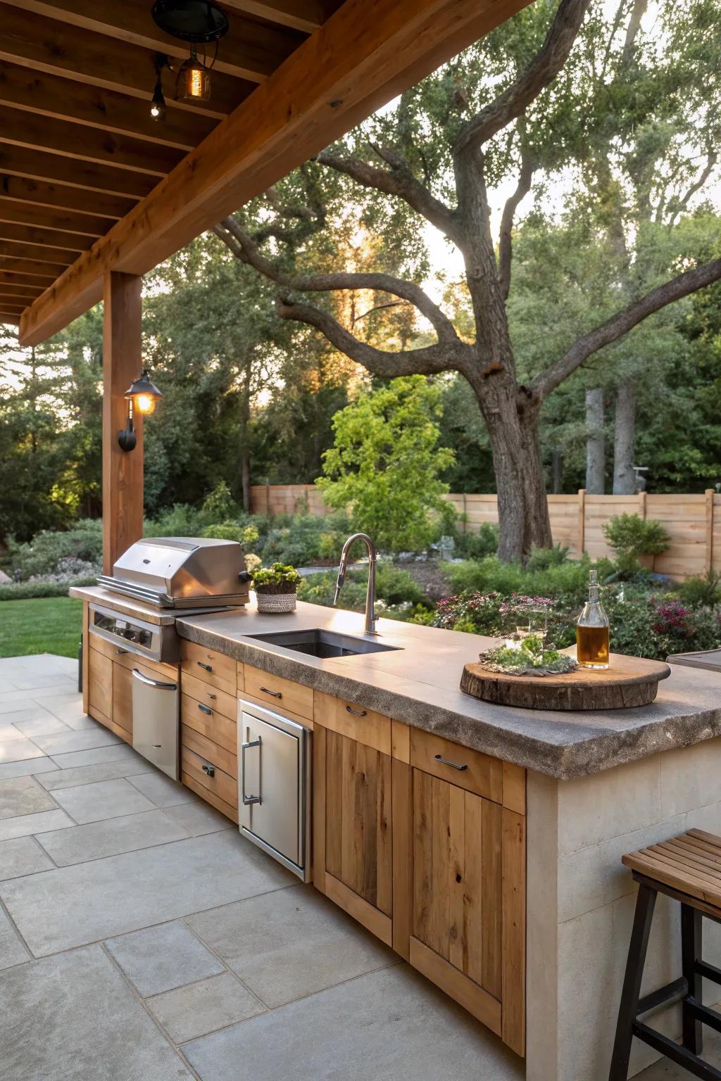 An outdoor kitchen uplifted by the natural charm of a live edge countertop.
