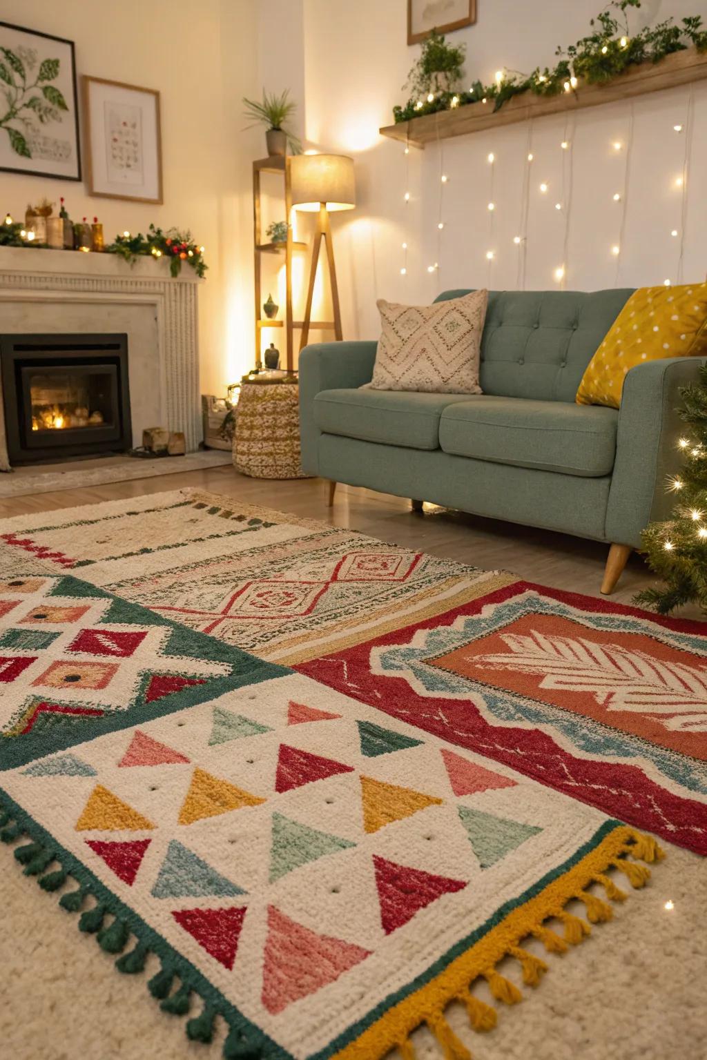 Layered rugs in festive colors add texture and warmth to your living room.