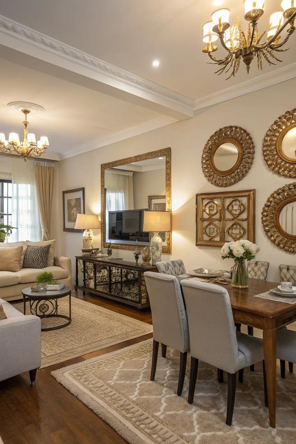 Mirrors enhance light and space, promoting a more expansive feel.