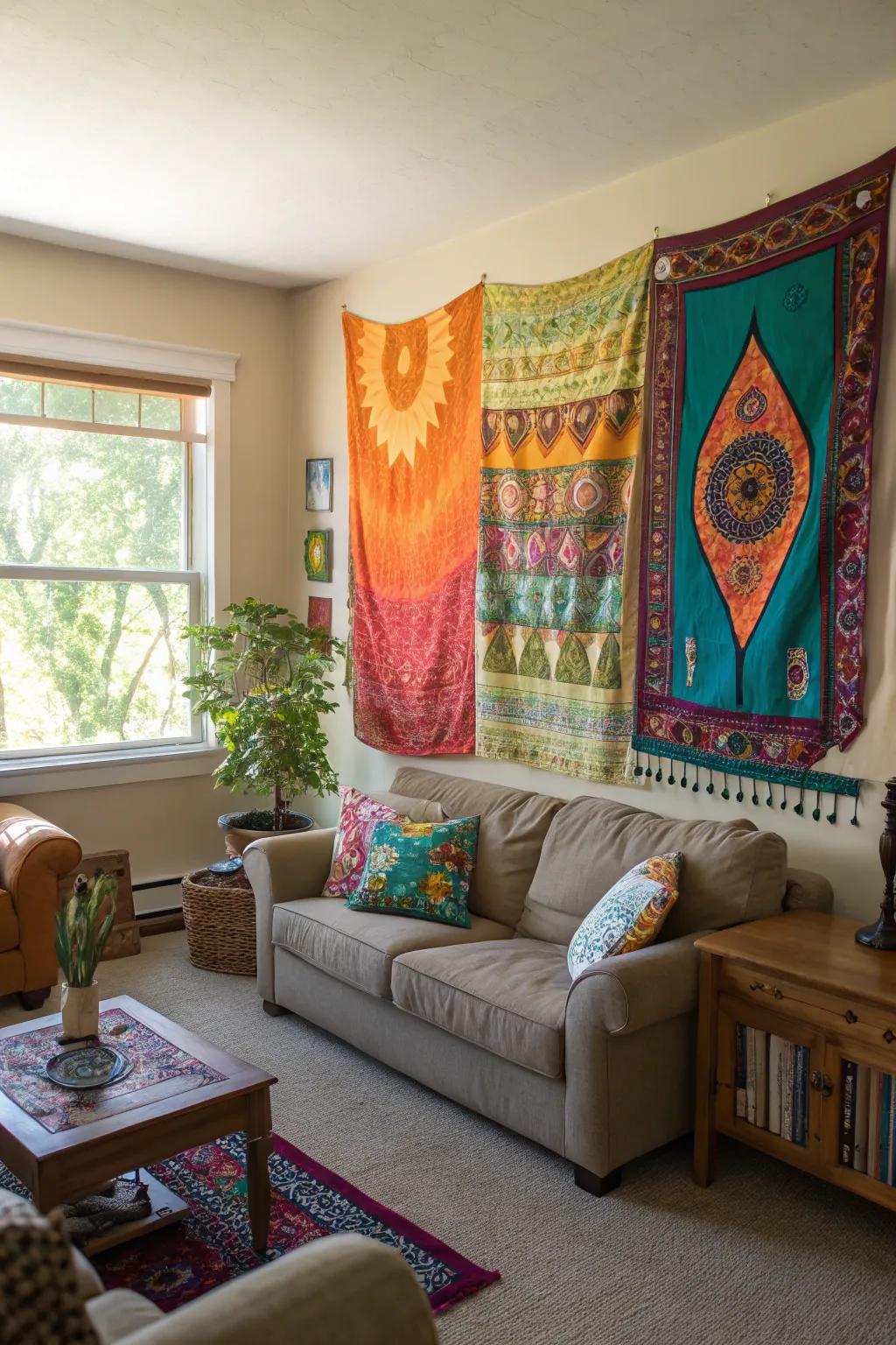 Handmade tapestries present artisanal allure and texture.