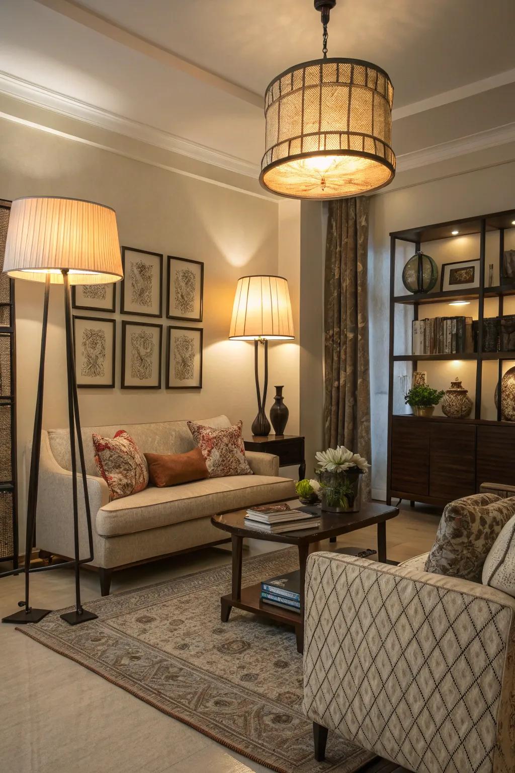 A family room featuring a layered lighting design including floor lamps.