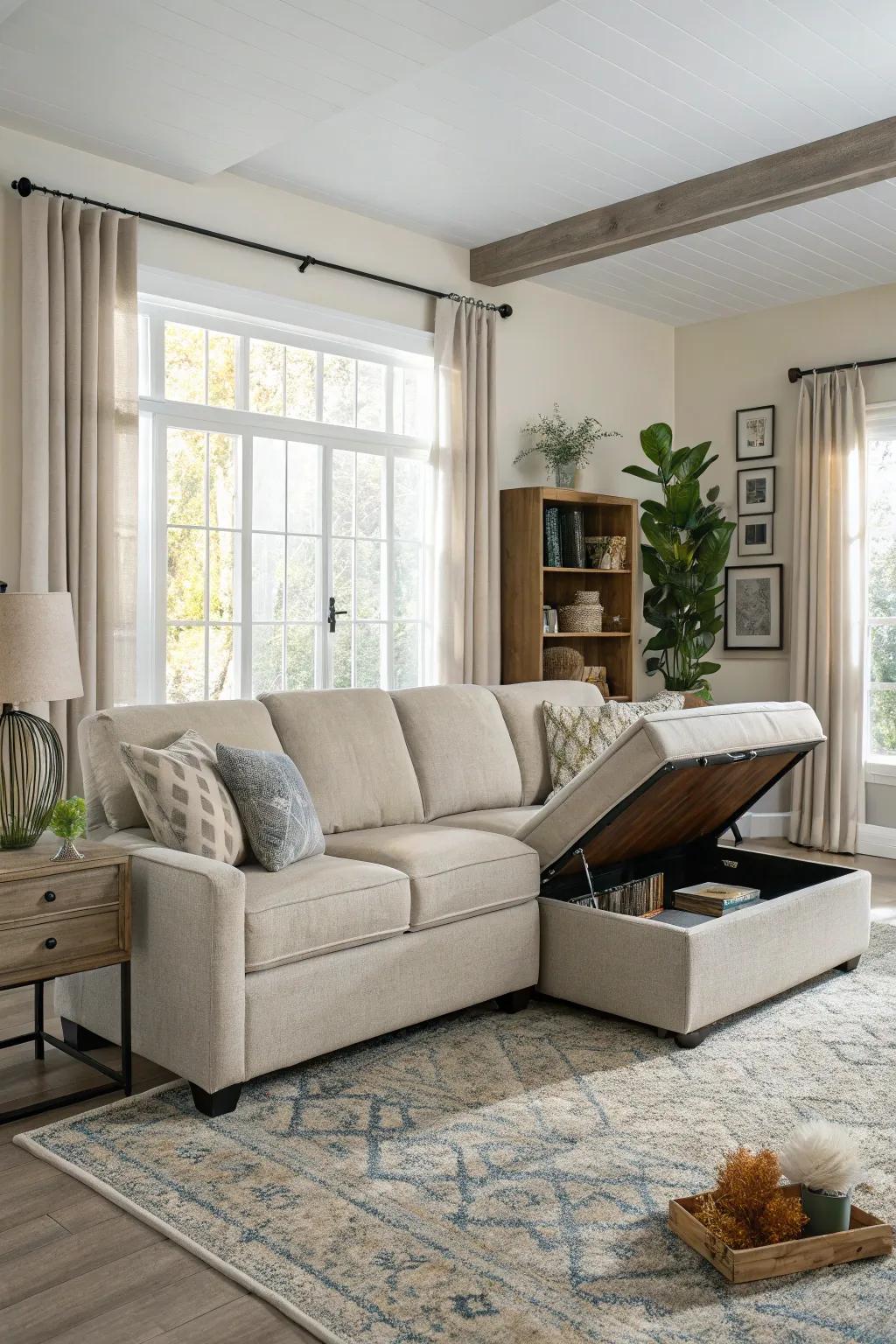 Under-sectional storage ensures a tidy living area.