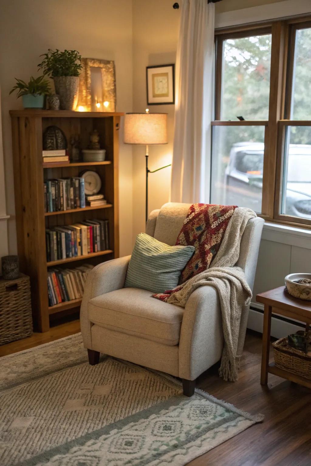 A reading space in the family room provides a perfect spot for relaxation.