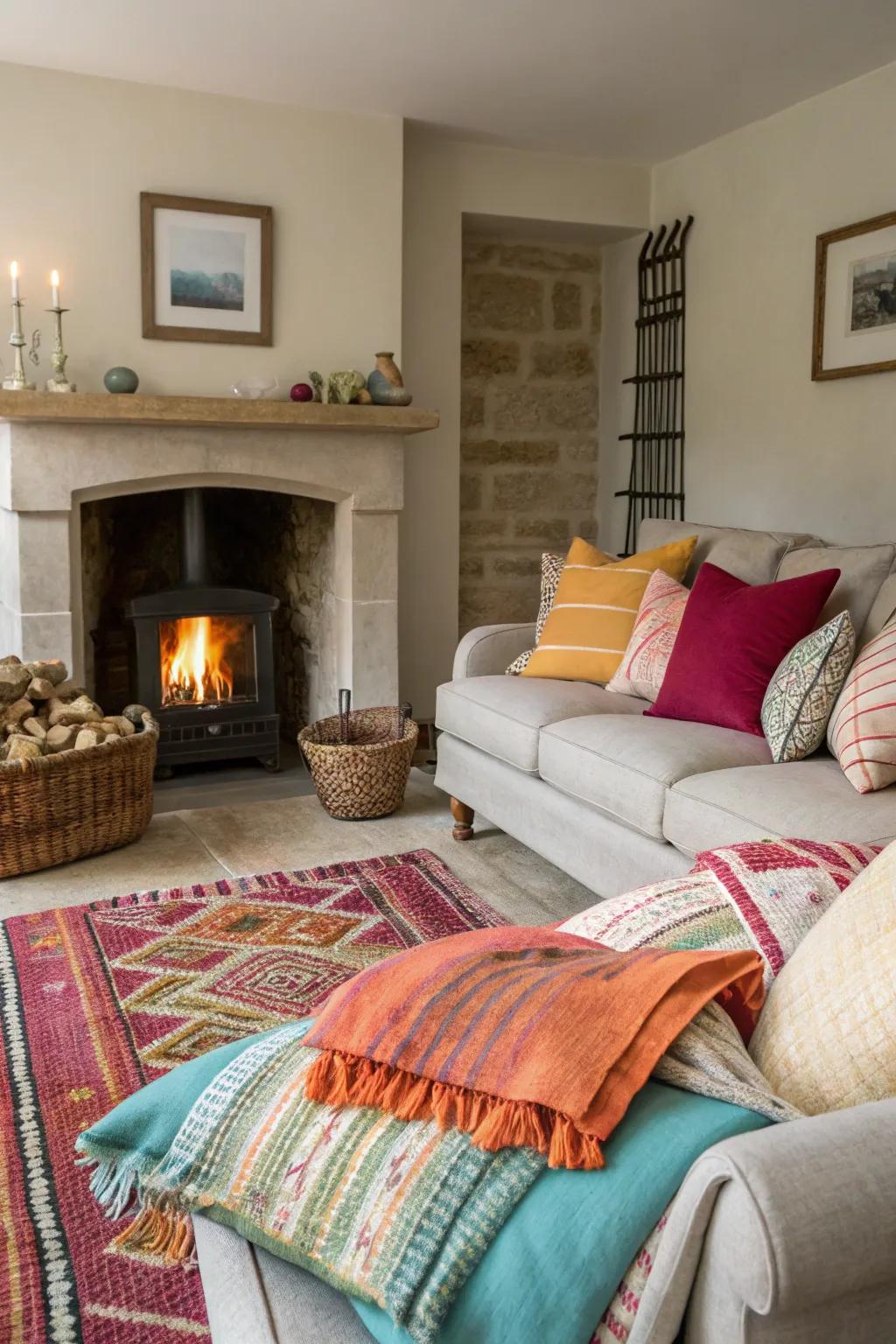 A vibrant living space with colorful accents that enclose the hearth.