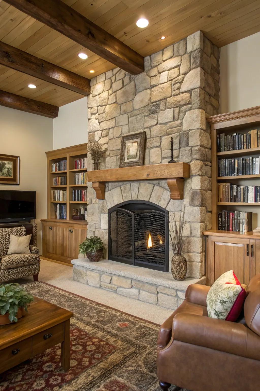 An organic mantel improves the earthy feel of your stone fireplace.