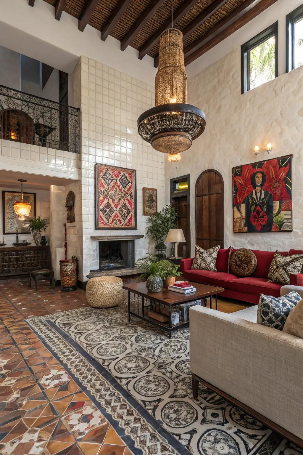 Dramatic lounge with mixed-size tile design.