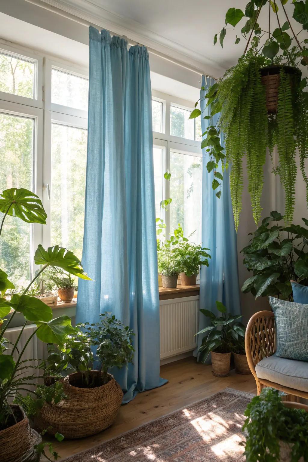 Verdant vegetation contrasts with azure window coverings, appending freshness and organic balance to the area.